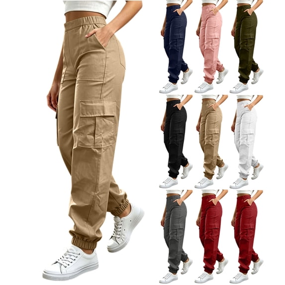 High Waist Cargo Jogger Pants for Women Multi Pockets Loose Elastic Ankle Cuff Casual Utility Trousers Outdoor Hiking Travel Sweatpants White