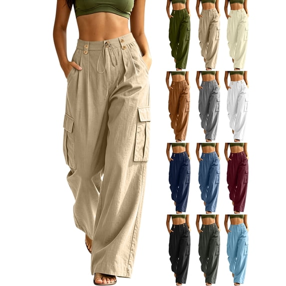 High Waist Cargo Pants for Women,Button Drawstring Waist Wide Leg Loose Casual Pants with Multi Pockets for Daily Wear