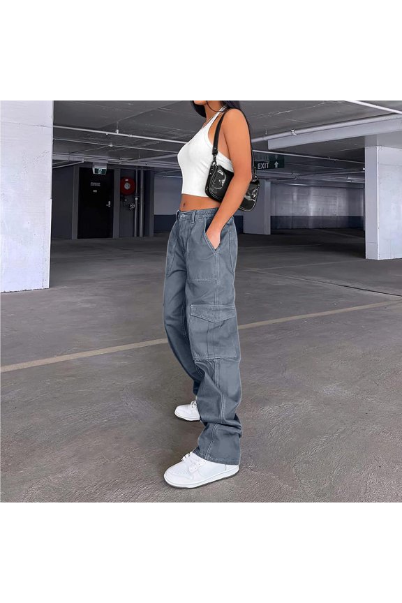 High Waist Cargo Pants for Women Outdoor Hiking Wide Leg Casual Lounge Pants with Pockets Dark Gray XS
