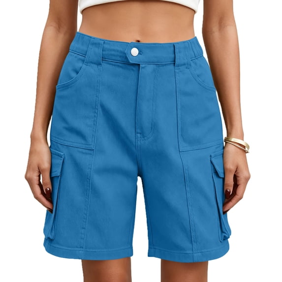High Waist Cargo Shorts for Women Wide Leg Utility Shorts Summer Sollid Color Chino Shorts with Multi Pocket Blue L