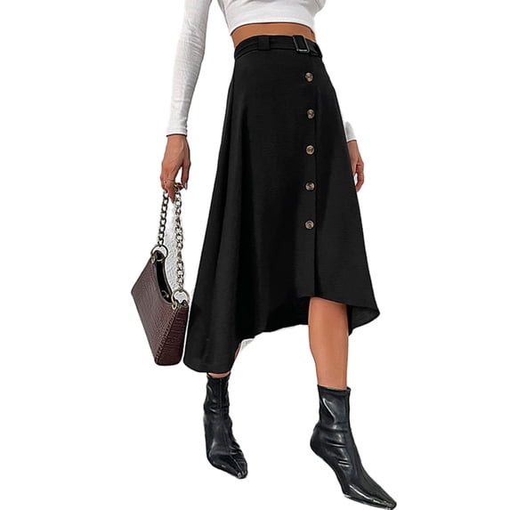High Waist Contrast Button Front Slit Skirt for Women Knee Length Black Large
