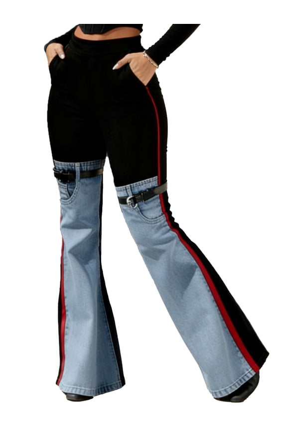 High Waist Contrast Denim & Black Knit Bell Bottom Trousers with Buckle Straps and Side Stripe