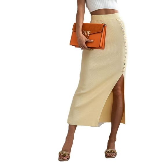 High Waist Contrast Side Button Slit Skirt for Women Mid-Calf Length Yellow Large