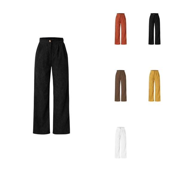 High Waist Corduroy Pants, Wide Leg Straight Trousers, Big Size, Patch Pocket, Fall Winter, Elastic Waist, Women