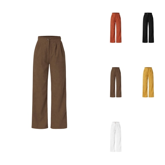 High Waist Corduroy Pants, Wide Leg Straight Trousers, Big Size, Patch Pocket, Fall Winter, Elastic Waist, Women