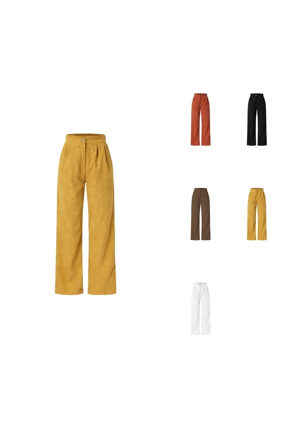 High Waist Corduroy Pants, Wide Leg Straight Trousers, Big Size, Patch Pocket, Fall Winter, Elastic Waist, Women