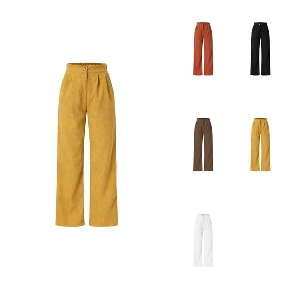 High Waist Corduroy Pants, Wide Leg Straight Trousers, Big Size, Patch Pocket, Fall Winter, Elastic Waist, Women