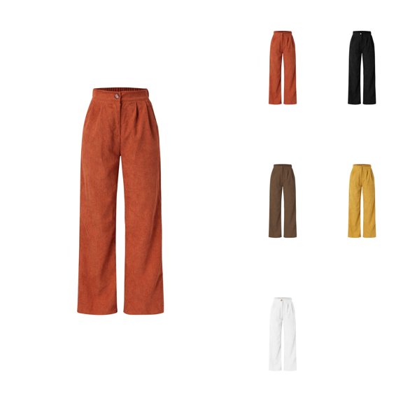 High Waist Corduroy Pants, Wide Leg Straight Trousers, Big Size, Patch Pocket, Fall Winter, Elastic Waist, Women