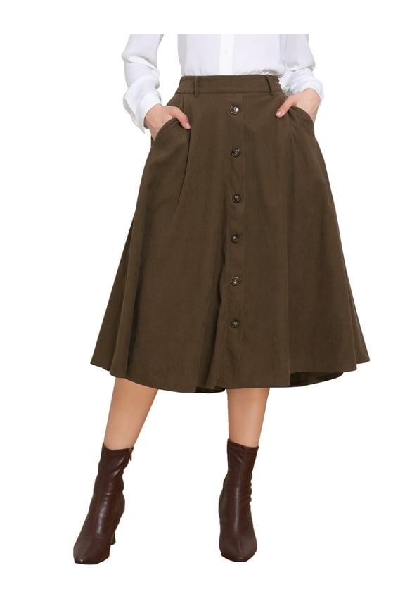 Corduroy Skirt for Women Button Front High Waist Vintage Stretch A-Line Flared Casual Midi Skirts with Pockets M Brown