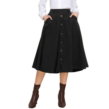 High Waist Corduroy Skirt for Women's Button Front A-line Midi Skirts with Pockets Fall Winter XS Black