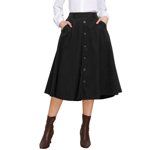 Corduroy Skirt for Women Button Front High Waist Vintage Stretch A-Line Flared Casual Midi Skirts with Pockets XS Black