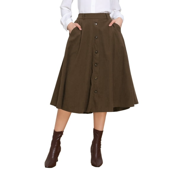 Corduroy Skirt for Women Button Front High Waist Vintage Stretch A-Line Flared Casual Midi Skirts with Pockets XS Brown