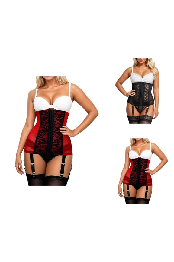 High Waist Corset Belt with Hook Closure & Detachable Sheer Mesh Garter Straps, 6-Lace Lingerie Garters for Women, Metal Buckle Design