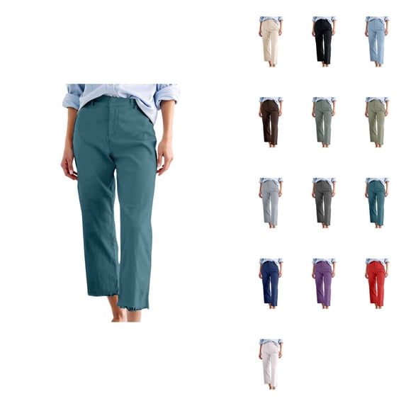 High Waist Cotton Linen Cropped Pants, Straight Leg Ankle Length Chino Trousers for Women, Slim Fit Casual Summer Work Pants, Comfortable Stretchy Wear