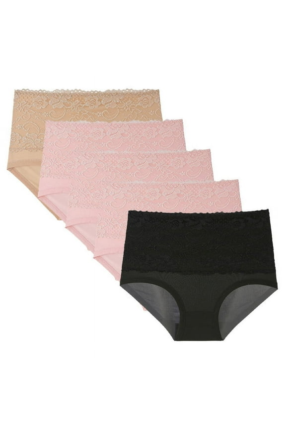 High Waist Cotton Underwear Women Briefs for Women, 5PC Women Lace High Waisted Body Shaper Shorts Shapewear Panties
