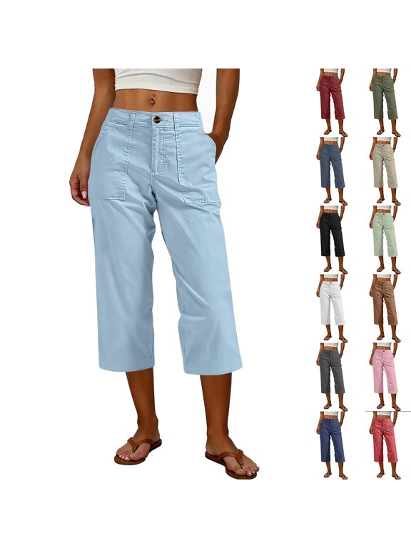 High-Waist Cropped Cargo Pants for Womens - Drawstring & Large Patch Pockets, Summer & Beach Essential for Women's Casual & Street Style Black XXL