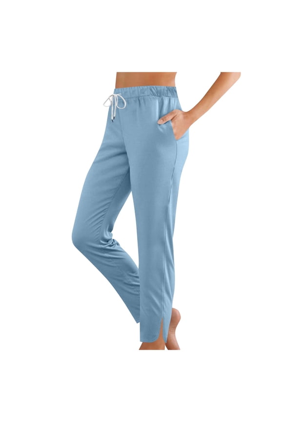 High Waist Cropped Joggers Women Lightweight Lounge Pants Split Hem Stretch Drawstring Yoga Sweatpants Loose Fit Workout Trousers with Pockets