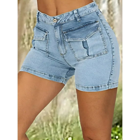 High Waist Denim Shorts, Light Blue Wash, Cargo Pockets, Button Closure (US, Alpha, Small, Regular, Regular, Light Blue)