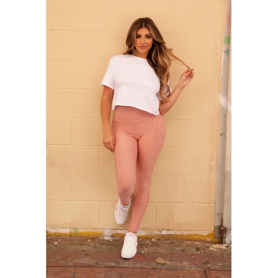 High Waist Diamond Honeycomb Textured Butt Scrunch Sports Leggings With Pockets - Rose
