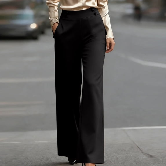 High Waist Dress Pants Women Button Straight Leg Formal Trousers for Office Work Black L