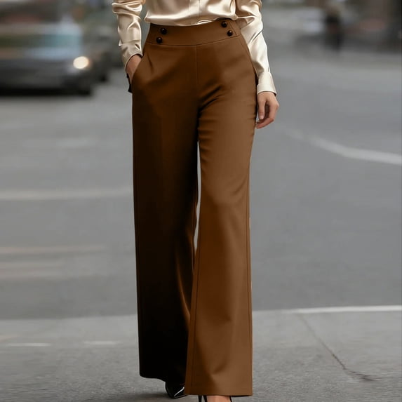 High Waist Dress Pants Women Button Straight Leg Formal Trousers for Office Work Brown 3XL