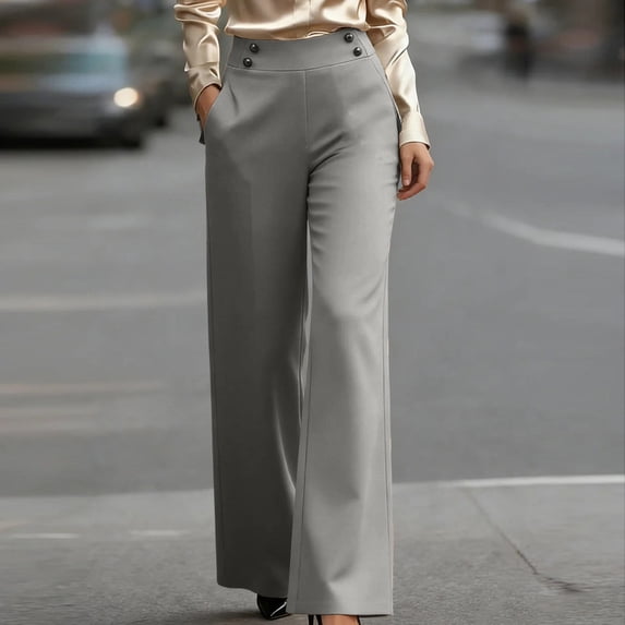 High Waist Dress Pants Women Button Straight Leg Formal Trousers for Office Work Gray L