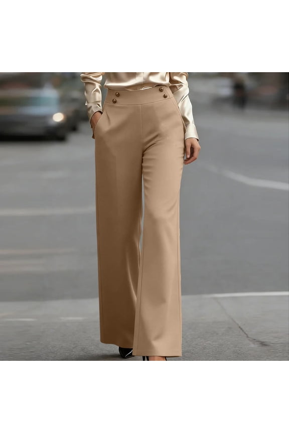 High Waist Dress Pants Women Button Straight Leg Formal Trousers for Office Work Khaki S