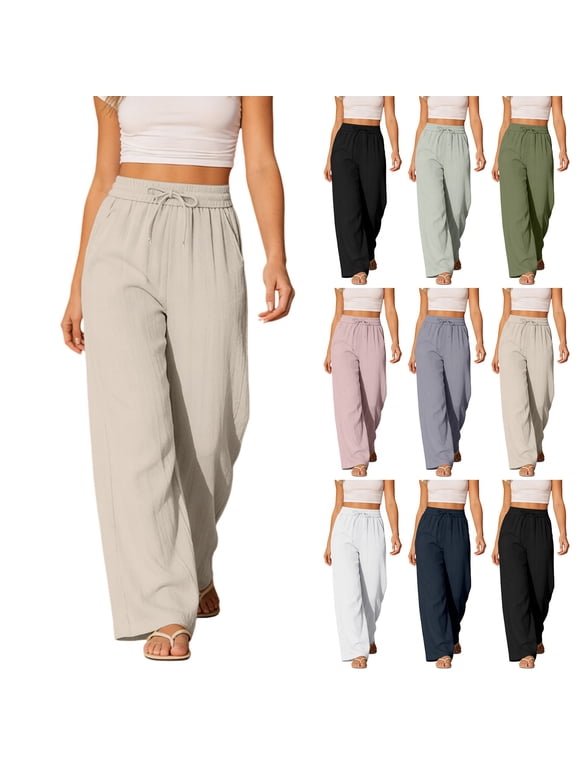 Women's High Waist Elastic Rayon Wide Leg Pants Casual Flowing Beach Trousers With Side Pockets Loose Breathable Summer Relaxed Fit