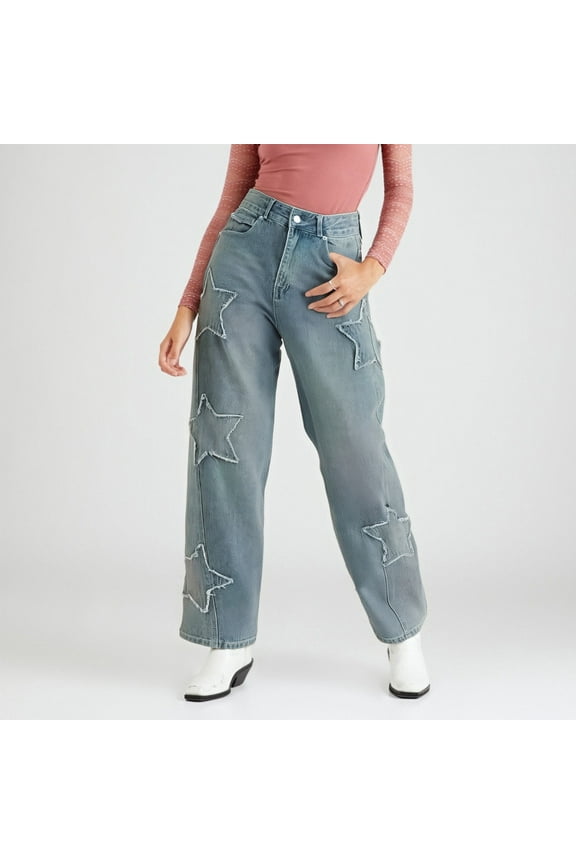 High Waist Embroidered Star Denim Jeans For Women Vintage Loose Straight Leg Trousers Korean Fashion Casual Fall Pants Womens Pants 14 Tall Designer Pants for Women Womens on Pants Tall Jean Pants for