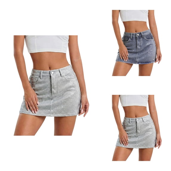 High Waist Fitted Mini Denim Skirt with Rhinestone Design, Slim A-Line Wrap, Retro Summer Fashion