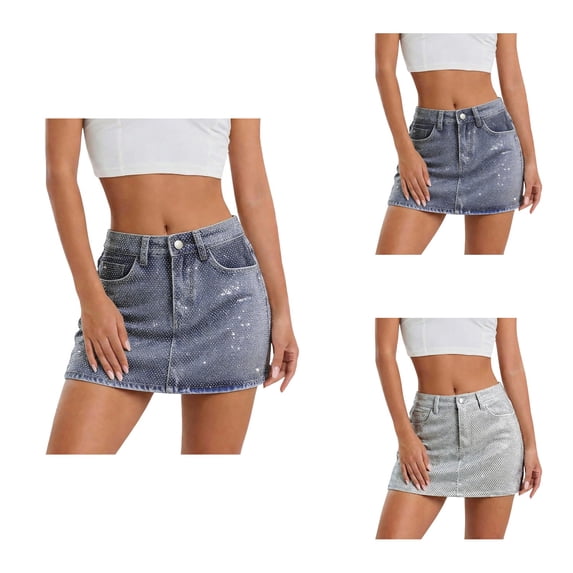 High Waist Fitted Mini Denim Skirt with Rhinestone Design, Slim A-Line Hip Wrap, Retro Summer Fashion