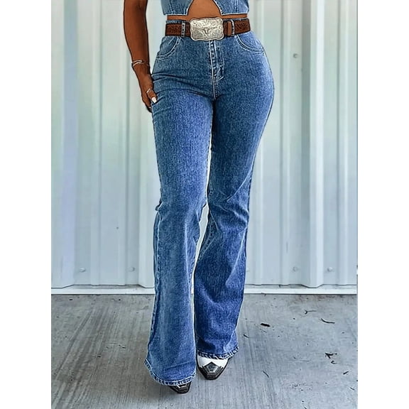 High Waist Flare Jeans, Classic Bell Bottom Denim Pants, Medium Wash Blue (US, Alpha, Large, Regular, Regular, Blue)