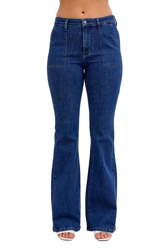 High Waist Flare Jeans with Front Patch Pockets