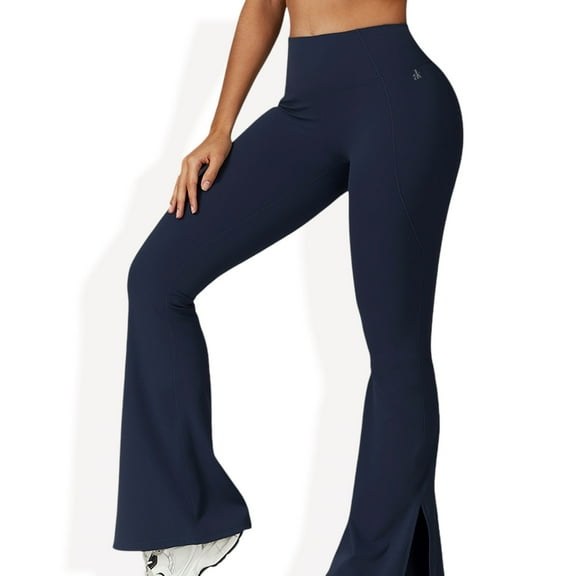 High Waist Flare Leg Yoga Pants with Side Slit Detail - Small, Navy