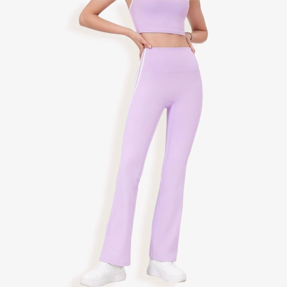 High Waist Flare Legging Pants with Side Stripes- Large, Purple
