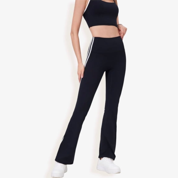 High Waist Flare Legging Pants with Side Stripes- Medium, Black