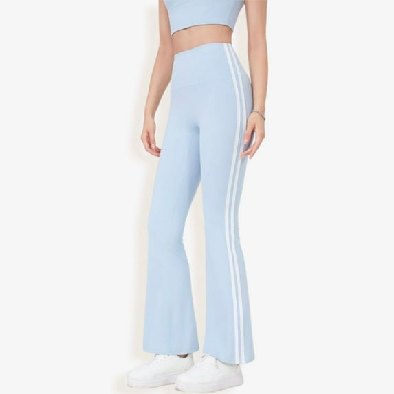 High Waist Flare Legging Pants with Side Stripes- X Large, Light Blue