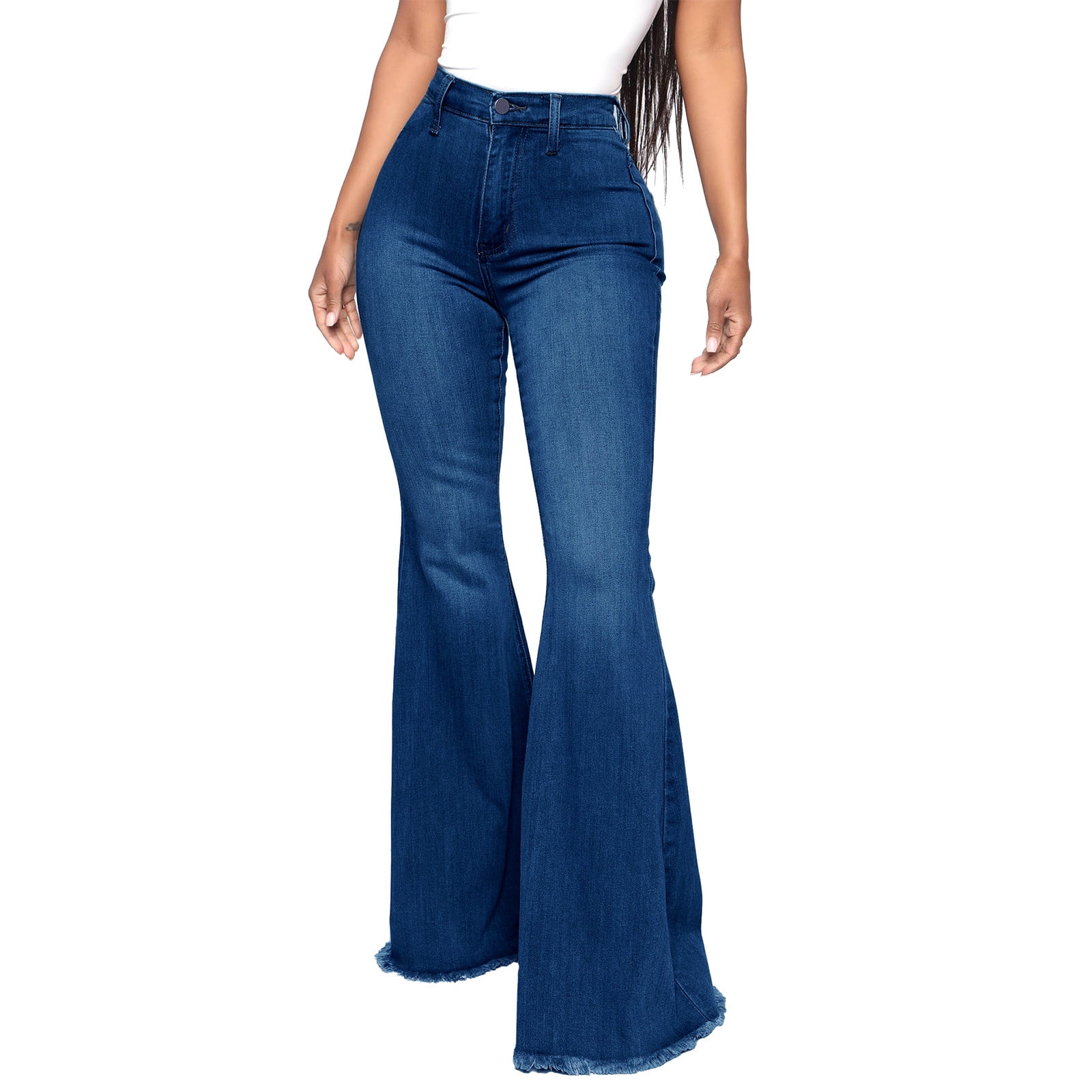 High Waist Flared Jeans Vintage 80s 90s Frayed Raw Hem Bell Bottom Denim  Long Pants for Women Fashion Casual S-3XL (Large, Dark Blue) 