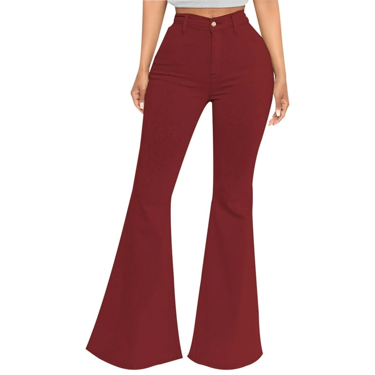 High Waist Flared Jeans Vintage 80s 90s Frayed Raw Hem Bell Bottom Denim  Long Pants for Women Fashion Casual S-3XL (Large, Wine)