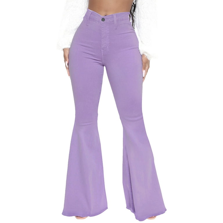 High Waist Flared Jeans Vintage 80s 90s Frayed Raw Hem Bell Bottom Denim  Long Pants for Women Fashion Casual S-3XL (X-Large, Purple) 