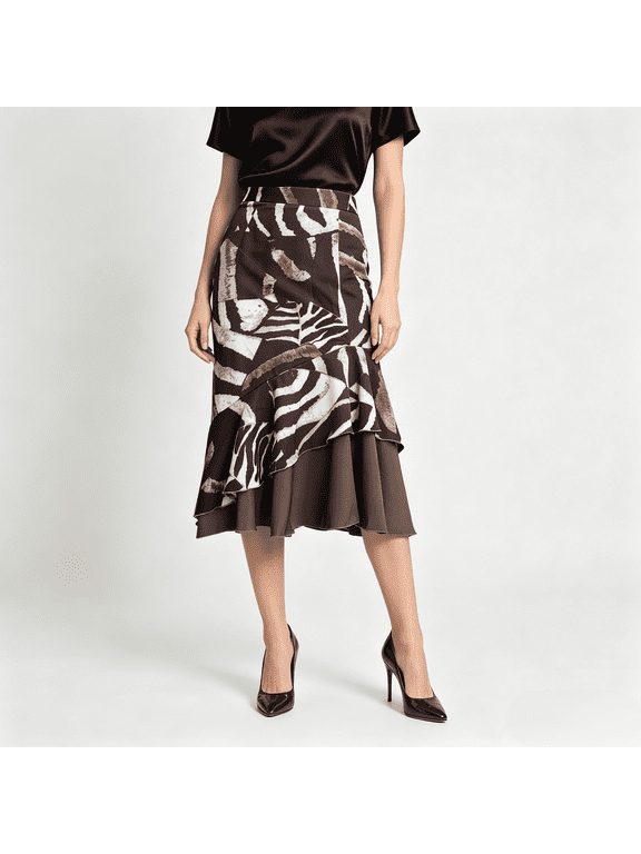 Brown Zebra Stripe Midi Skirt, High Waist X-Line Fishtail Swing Skirt, Elegant Non-Stretch Woven Casual Midi Skirt for Women Spring Summer Autumn
