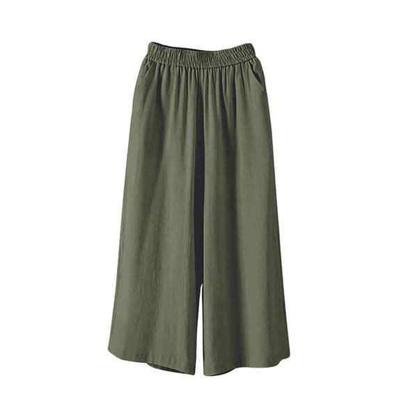 High Waist Flowy Linen Capris For Women Elastic Waistband Side Pockets Loose Fit Summer Casual Lounge Pedal Pushers Green XL