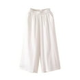 thumbnail image 1 of High Waist Flowy Linen Capris For Women Elastic Waistband Side Pockets Loose Fit Summer Casual Lounge Pedal Pushers White 4XL, 1 of 5