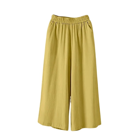High Waist Flowy Linen Capris For Women Elastic Waistband Side Pockets Loose Fit Summer Casual Lounge Pedal Pushers Yellow M