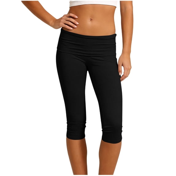 High Waist Fold-Over Capri Leggings for Women Solid Color Stretchy 3/4 Length Tummy Control Pants Perfect Wear for Yoga Running Daily Workout