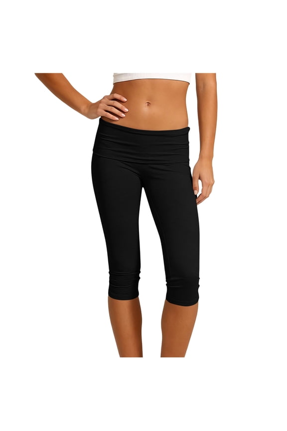 High Waist Fold-Over Capri Leggings for Women Solid Color Stretchy 3/4 Length Tummy Control Pants Perfect Wear for Yoga Running Daily Workout
