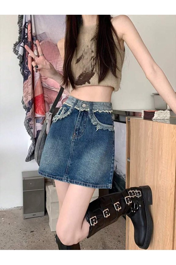 High-Waist Frayed Denim Mini Skirt WJ-524 Blue A-Line Bodycon Style