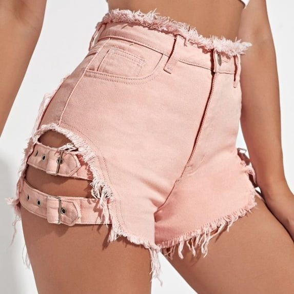High Waist Frayed Denim Shorts, Side Design Straight Hot Pants for Daily & Party Wear