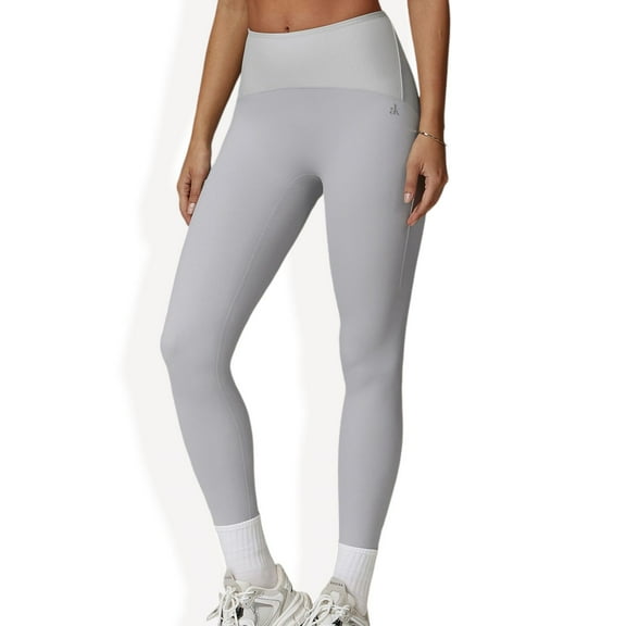 High Waist Full Length Leggings with Ribbed Waistband - Large, Light Gray