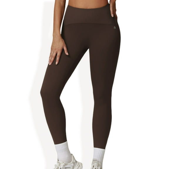 High Waist Full Length Leggings with Ribbed Waistband - X Large, Coffee